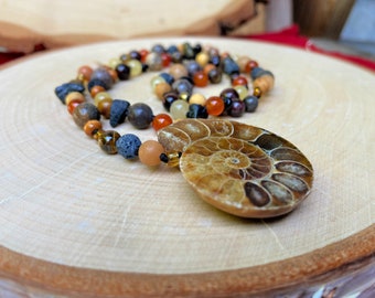 Ammonite and Mixed Beads Jewelry, 25 Inches Around, Fall Aesthetic, Crystal Jewelry Necklace, Beaded Necklaces, Unisex Jewelry