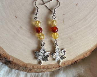 Maple Leaf Earrings with Citrine and Carnelian, Nature Inspired Jewelry, Maple Leaf Jewelry, Nature Lover Gift, Fall Cottagecore, Leaves