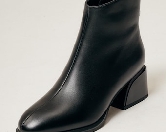 Black Leather Ankle Boots: Chunky Block Heel, Square Toe
