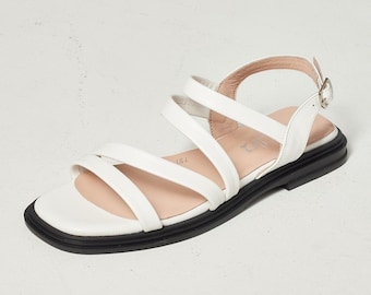 Krula White Leather Sandals with Adjustable Ankle Strap