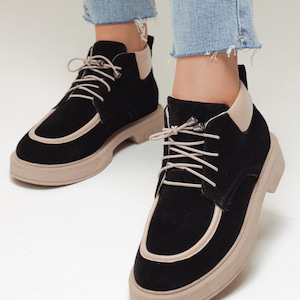 Black Suede Lace-Up Ankle Boots – Women&#39;s Casual Chunky Boots