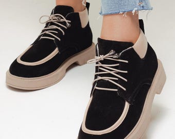 Black Suede Lace-Up Ankle Boots – Women's Casual Chunky Boots