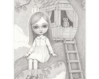 Treehouse (2026) - Whimsical Pop Surreal Dark Graphite Drawing