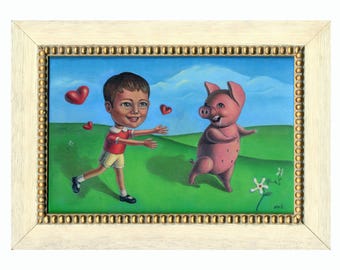 Boy and Pig in Love (2003) - Rare Whimsical Surreal Big Eye Acrylic Painting