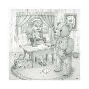 May include: A graphite pencil drawing depicting a child with long hair sitting at a wooden table using a sewing machine. Beside the table stands a large teddy bear with stitched patches, buttons, and a pocket. A basket of yarn sits on the floor.