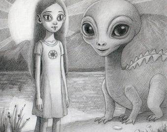 Liz and the Morning Visitor - Original Graphite Drawing by Ana Bagayan