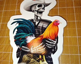 Gamefowl, Gallos Sticker, Skeleton Handler, Gallero Holding Gamecock, print vynals decal.
