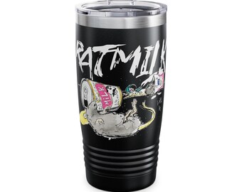 May include: Black insulated tumbler with a silver lid. The tumbler features a graphic of a rat, a spilled can of milk, and the text "FAT MILK" in white. The design is a cartoon style.
