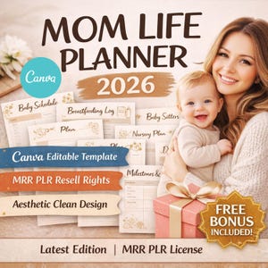 Peut inclure: Un planificateur numérique Mom Life Planner 2026 avec des fonctionnalités modifiables Canva. L'image montre une mère et un bébé, ainsi qu'une boîte cadeau rose. Le planificateur comprend des sections pour les horaires de bébé, les journaux d'allaitement et les plans de crèche.