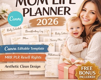 Mom Life Planner 2026 Canva Editable MRR PLR Digital Workbook Tracker