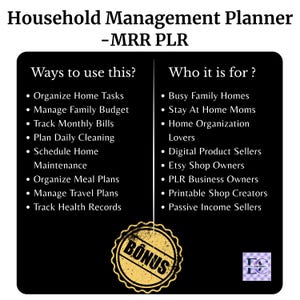 Organize Home Tasks, Manage Family Budget, Track Monthly Bills, Plan Meals, Schedule Home Maintenance, Perfect for Busy Families, Etsy Shop Owners, PLR Business Owners, Passive Income Sellers