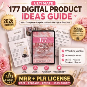 177 Digital Product Ideas Guide 2026 | MRR PLR Resell | Canva Editable | Passive Income