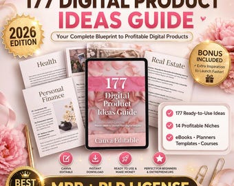 177 Digital Product Ideas Guide 2026 | MRR PLR Resell | Canva Editable | Passive Income