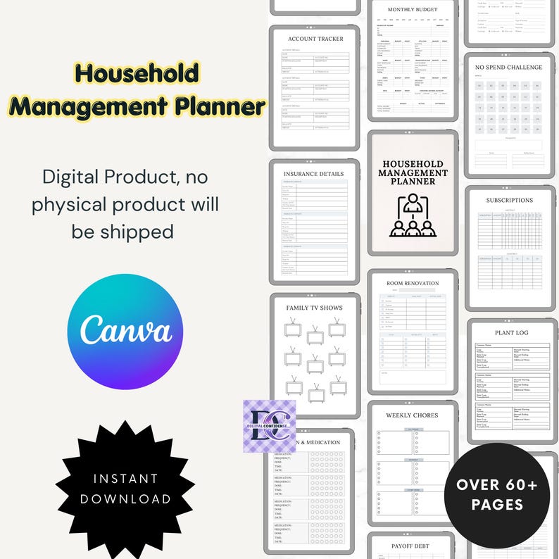 Canva Editable Home Binder with Account Tracker, Insurance Details, Family TV Shows, Weekly Chores, Plant Log, Subscriptions, Room Renovation, Payoff Debt, Over 60 Pages, Instant Download