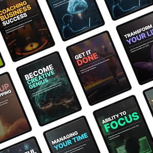 May include: A collection of black tablets with various motivational phrases in white, teal, and orange text. Phrases include "Coaching Business Success", "Become Creative Genius", "Get It Done", and "Ability to Focus". The tablets are arranged on a white surface.