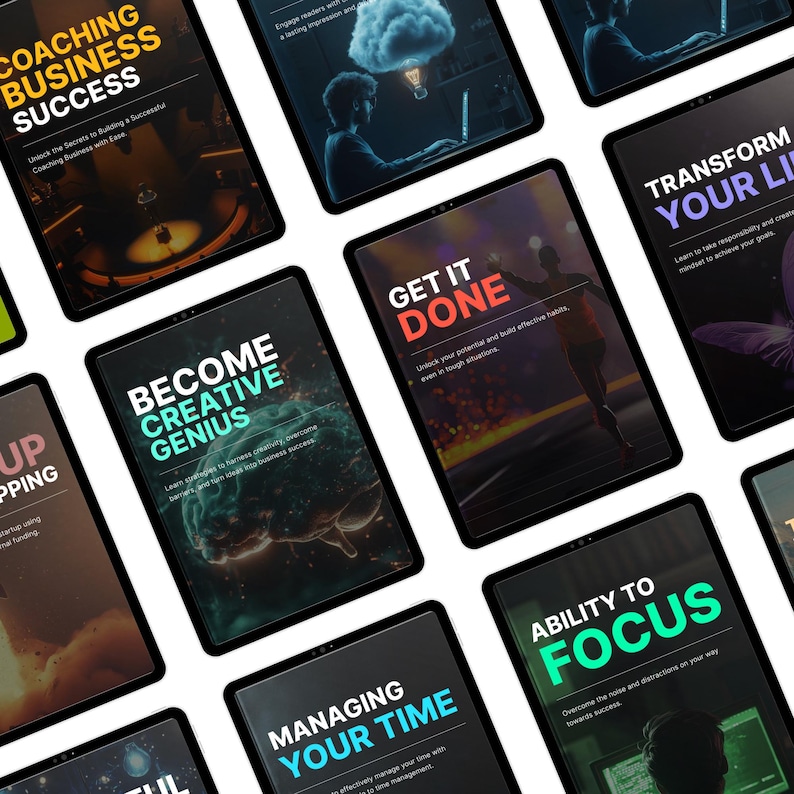 May include: A collection of black tablets with various motivational phrases in white, teal, and orange text. Phrases include "Coaching Business Success", "Become Creative Genius", "Get It Done", and "Ability to Focus". The tablets are arranged on a white surface.