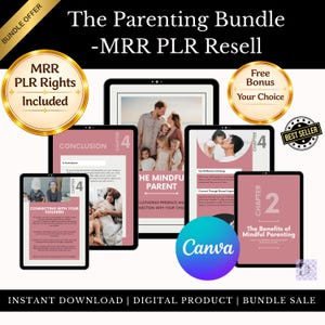 Può includere: Pacchetto digitale per genitori con il testo "The Parenting Bundle - MRR PLR Resell". Include tablet digitali che mostrano contenuti sulla genitorialità consapevole. Presenta il testo "Instant Download | Digital Product | Bundle Sale".