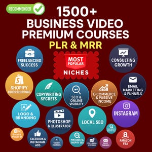 Puede incluir: Gráfico con el texto "1500+ Business Video Premium Courses" y varios iconos que representan temas de negocios en línea. Los temas incluyen Shopify, SEO, comercio electrónico e Instagram. La imagen es de color rojo oscuro.
