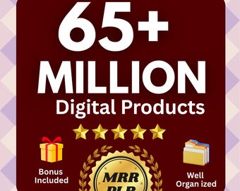 May include: A maroon graphic with the text "65+ MILLION Digital Products" in white. The graphic includes gold stars, a gift box, file folders, and a gold seal that says "MRR PLR". The words "Bonus Included" and "Well Organized" are also present.