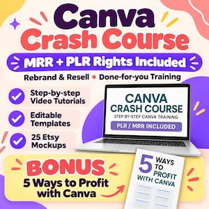 May include: A digital Canva Crash Course educational product featuring MRR and PLR rights, step-by-step video tutorials, editable templates, and 25 Etsy mockups. Includes a bonus guide titled 5 Ways to Profit with Canva on a laptop screen.