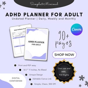 ADHD Digital Planner for Adults: Canva Editable, MRR + PLR Rights