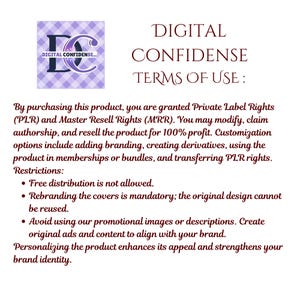 May include: A digital document displaying "DIGITAL CONFIDENCE TERMS OF USE." It details private label and master resell rights, allowing modification and resale. Restrictions include no free distribution and mandatory rebranding of the product.