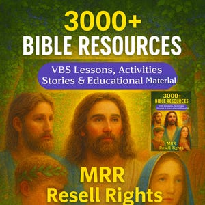 Może przedstawiać: Grafika cyfrowa promująca zasoby biblijne. Obraz zawiera tekst "3000+ BIBLE RESOURCES" dużymi, pogrubionymi literami, z dodatkowym tekstem wskazującym na lekcje, zajęcia, historie i materiały edukacyjne. Zawiera również portrety postaci biblijnych.