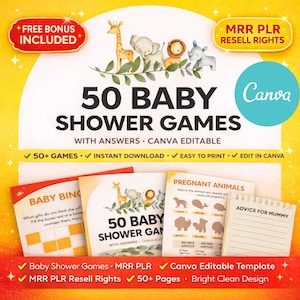 May include: A digital product featuring 50 baby shower games with answers, Canva editable. The design includes illustrations of safari animals, with text that reads "Free Bonus Included" and "MRR PLR Resell Rights".