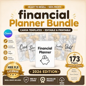 May include: A digital financial planner bundle featuring Canva templates, editable and printable pages. The design includes text reading Financial Planner, 2026 Edition, and 173 Pages. It features a piggy bank icon and various tracker labels.