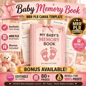 Op de afbeelding: Een roze baby-herinneringsboek met de tekst "My Baby's Memory Book" en voetafdrukken op de omslag. De afbeelding bevat een teddybeer, decoratieve linten en de tekst "Bonus Available!" en "Resell for 100% Profit."