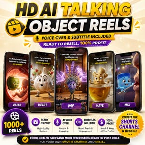 May include: An advertisement promoting "HD AI Talking Object Reels" for social media. The image features five smartphones displaying animated characters and health tips. Text includes "Voice Over & Subtitle Included" and "Ready to Resell, 100% Profit."