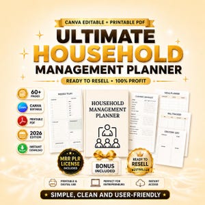 Household Management Planner 2026 Canva Template MRR PLR – Printable PDF Digital Download with 60+ Pages, Ready to Resell for Passive Income, Includes Family TV Shows, Monthly Budget, DIY Project and Plant Log pages