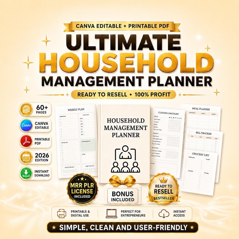 Household Management Planner 2026 Canva Template MRR PLR – Printable PDF Digital Download with 60+ Pages, Ready to Resell for Passive Income, Includes Family TV Shows, Monthly Budget, DIY Project and Plant Log pages