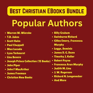 May include: A maroon graphic with a yellow banner reading "BEST CHRISTIAN EBOOKS BUNDLE". The text "Popular Authors" is in yellow, followed by a list of Christian authors, including Warren W. Wiersbe and Billy Graham.