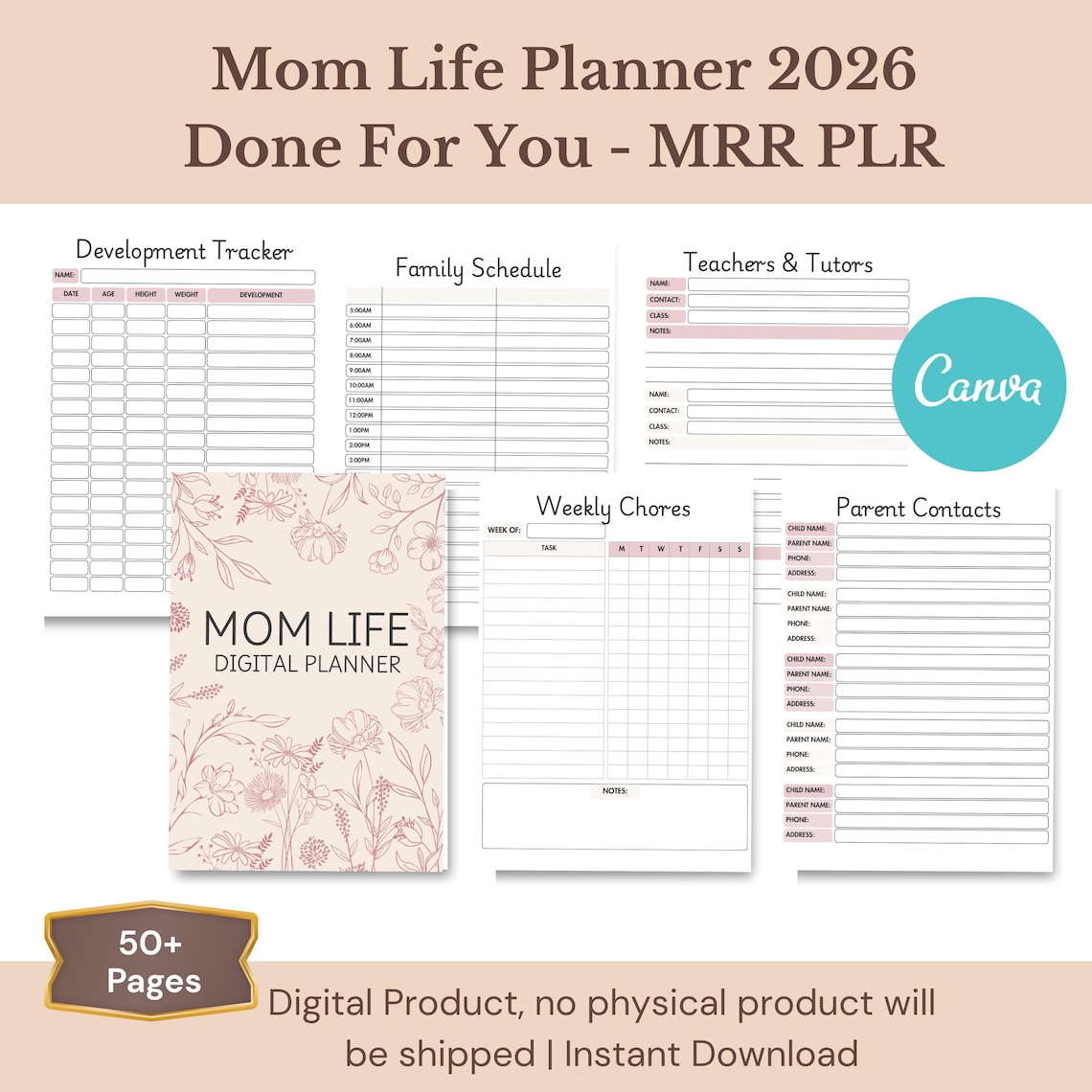 Mom Life Planner 2026 Canva Editable MRR PLR Digital Workbook Tracker ...