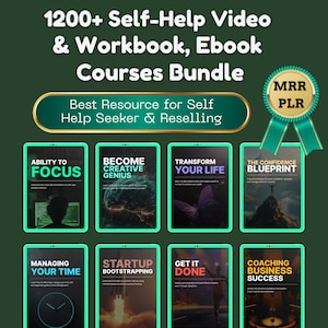 以下が含まれることがあります： 自己啓発コースのバンドルで、ビデオ、ワークブック、電子書籍が含まれています。画像には、「Ability to Focus」や「Transform Your Life」などのタイトルが付いたいくつかの本の表紙が写っています。テキストには「Best Resource for Self Help Seeker & Reselling」と書かれています。