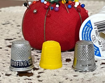 1960s Vintage, Fun Set of Three Vintage Thimbles - Advertisement Aluminum, Yellow Plastic, and Nickle Plated
