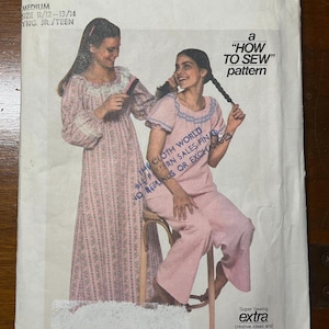May include: Simplicity sewing pattern 8143, featuring a "How to Sew" pattern. The cover shows two women in pink sleepwear. The pattern includes sizes 11/12-13/14 for young juniors and teens. The text "Super Sewing Extra" is also visible.