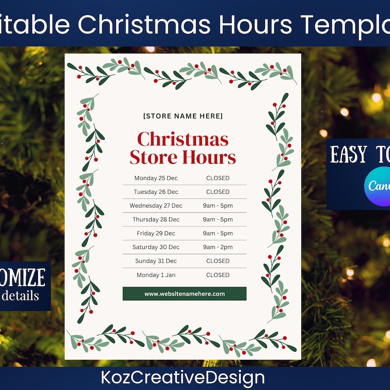 Holiday Hours Sign Template Etsy