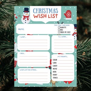 Weihnachtswunschliste für Kinder, Weihnachtswunschliste, Junge, Mädchen, druckbare Feiertagswunschlistenvorlage, Kinder-Weihnachtswunschliste, Brief an den Weihnachtsmann