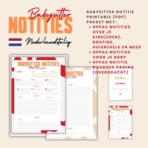 May include: Printable babysitter notes in Dutch. The set includes a babysitter notes page, a page for notes about the child, and a log page for babysitter handover. The pages feature a red and orange color scheme with a cow print background.
