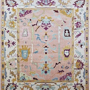 Pink Oushak Rug – Hand Knotted Turkish Wool Area Rug, Vintage Style Carpet with Soft Muted Tones for Living Room or Bedroom