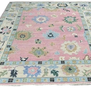 Pink Oushak Rug – Hand Knotted Turkish Wool Area Carpet, Soft Vintage-Inspired Blush Tones, Boho Decor for Living Room or Bedroom