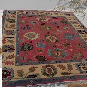 Pink Oushak Rug – Hand Knotted Turkish Wool Area Rug, Large Vintage Style for Living Room or Bedroom
