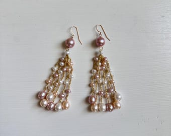 Vintage-Ohrringe mit mehrfarbigen Süßwasserperlen und Quasten, 14-karätiger Goldschmuck für Braut und Hochzeit