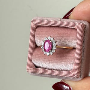 Pink Sapphire Ring – CZ diamond Halo Ring Size 8.5, Pink Gemstone Vintage Style Engagement Ring, Dainty Jewelry Gift for her dainty ring