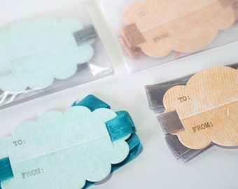 scallop letterpress gift tags with ribbon