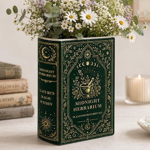 Gothic Botanical Book Vase, Midnight Herbarium Ceramic Flower Holder With Moon Phase Gold Art, Dark Cottagecore Home Office Decor image 1