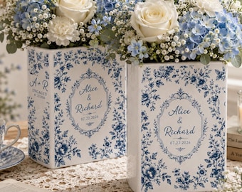Custom Ceramic Book Vase, Personalized Toile De Jouy Wedding Vase, Couple Initial Flower Holder, Elegant Bridal Gift
