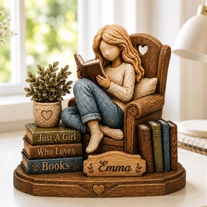 Personalisierte Buchliebhaber Holzfigur, benutzerdefinierter Name Lesemädchen Schreibtischdekor, Bücherregaldekor, Geschenk für Leserinnen